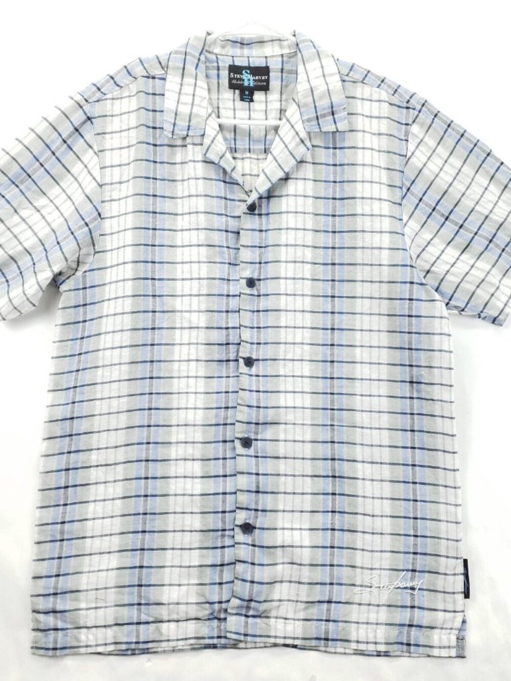 Steve Harvey Shirt Mens Medium White Blue Plaid 100% Linen Celebrity Edition